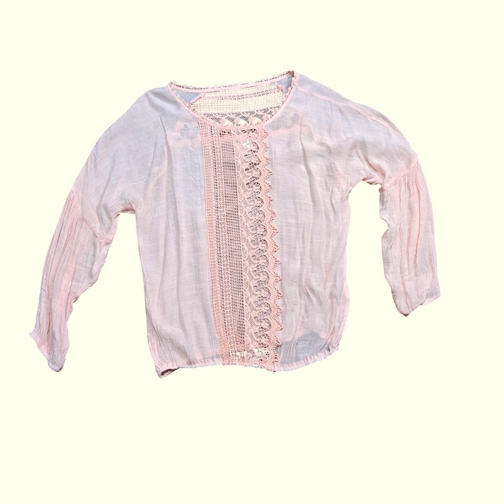 Wrangler Pink Crochet Lace Boho Blouse Long Sleeve Sheer Gauze Peasant Top M